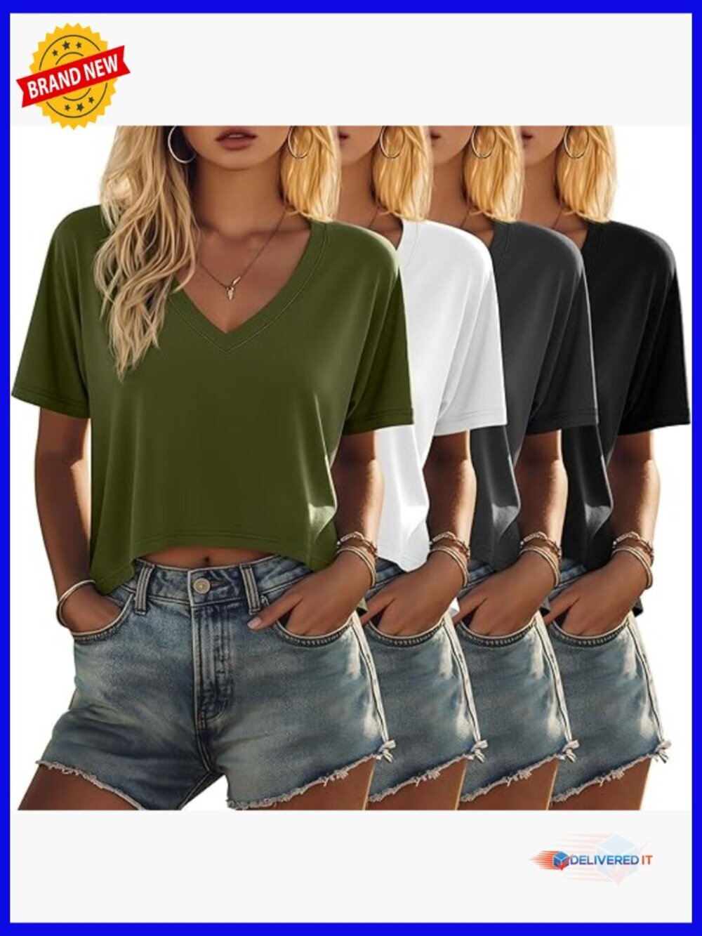 Oversized Crop T-Shirts 4 Pack V Neck Short Sleeve Irregular Hem Baggy Tees